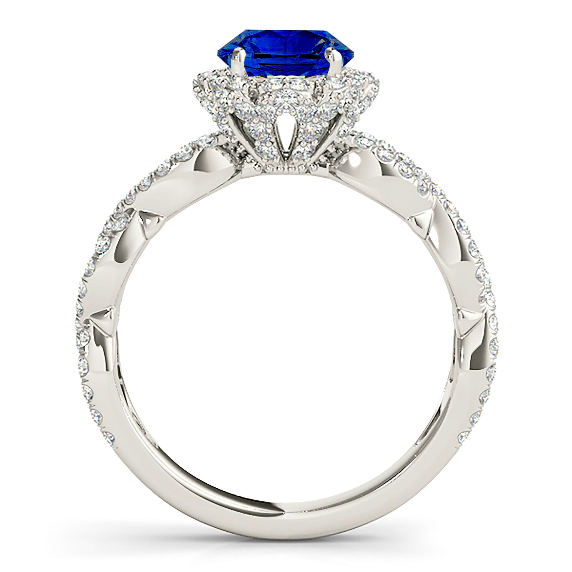 1.35 ct. Genuine Blue Sapphire Ring With 0.70 ctw. Diamond Floral Halo, Open Braided Diamond Band | Natural Sapphire And Diamond Ring-VIRABYANI